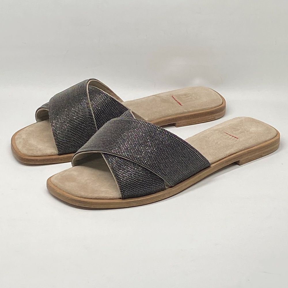 Brunello Cucinelli Embellished Criss Cross Leather Flat Sandals size 37